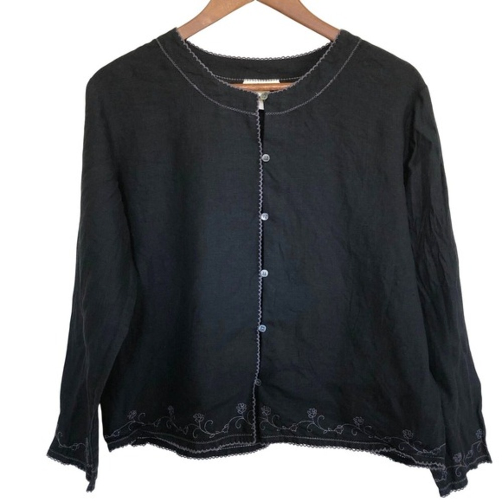 J. Jill 100% Linen Button Front Blouse Top Embroidered‎ Boho Minimalist Artsy